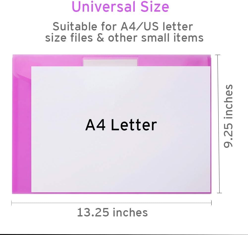 Sooez 6 Pack Folders Plastic Envelopes, Clear Plastic File Folder for Document, Letter A4 Size Poly File Envelopes with Label Pocket, Snap Button for Home Work Office Organizer, 6 Colors