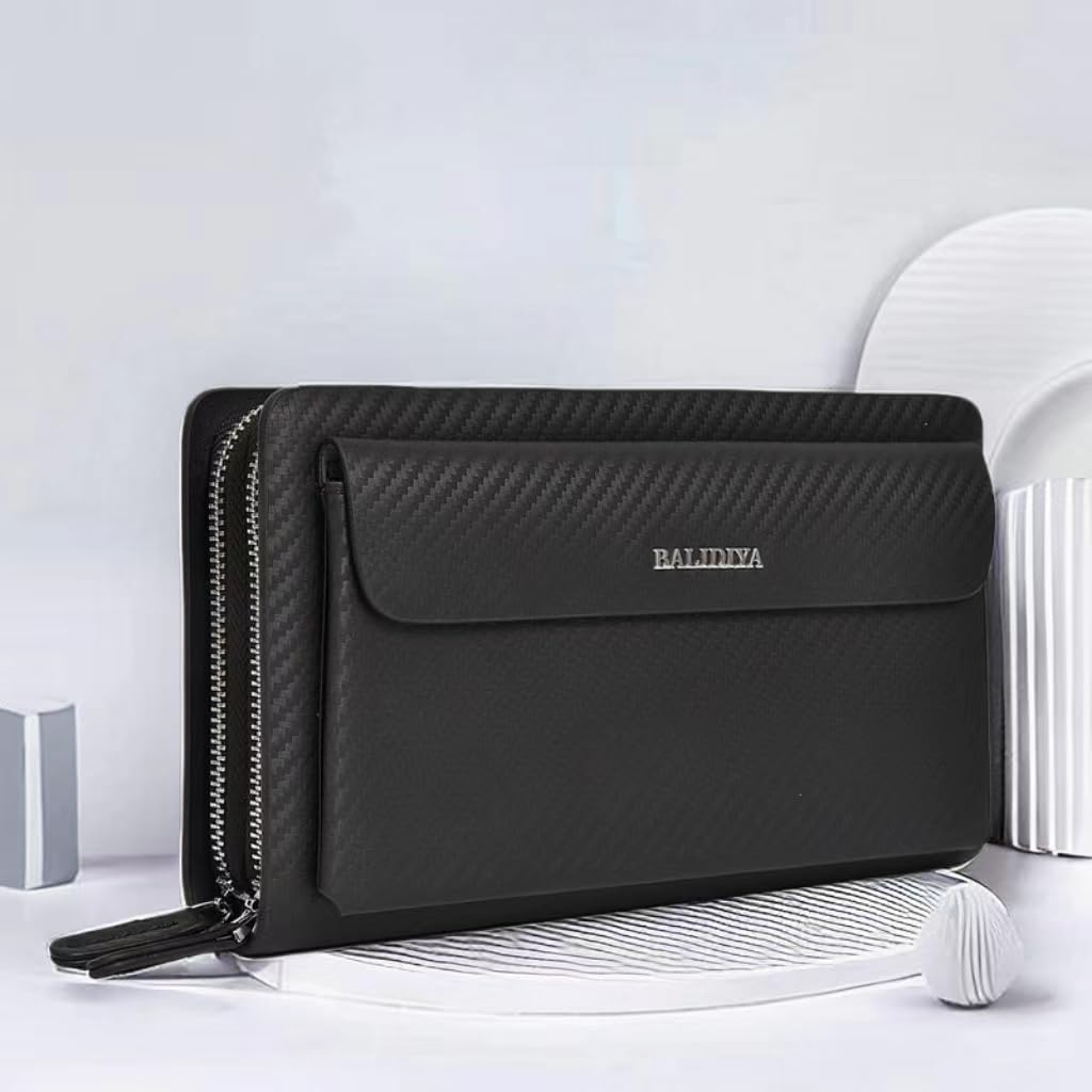 Leather Men Clutch Bag Long Wallet Purse Card Holder Case Business Large Clutch with Double Zip Handbag
