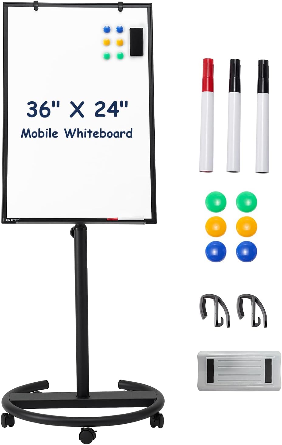 TSJ OFFICE Mobile Whiteboard Standing - 36 X 24 Inches Magnetic Rolling White Board, Height Adjustable Dry Erase Board on Wheels with Flip Chart Hooks, Black