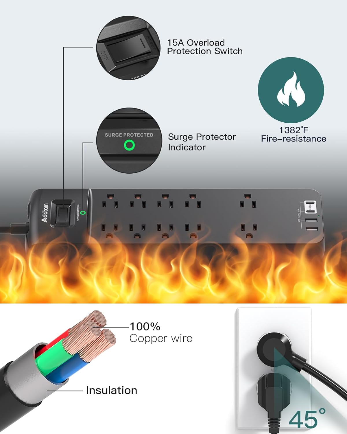Addtam Power Strips with Surge Protection, 6FT Extension Cord with Multiple Outlets, Surge Protector Power Strip with 10 Outlets and 4 USB Ports(2 USB C), Flat Plug, 2700J, Black