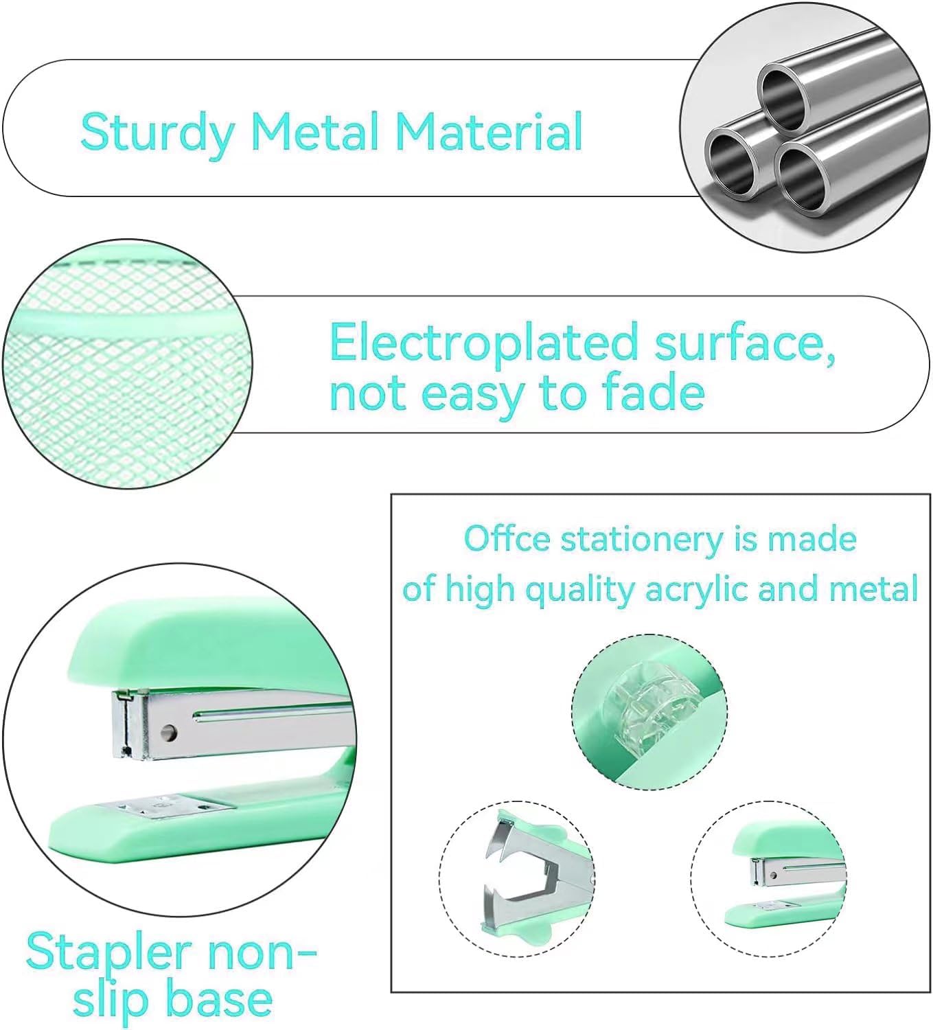 Green Desk Accessories, Pink Office Supplies Set with Stapler, Tape Dispenser, Staple Remover, Pen Holder, Scissor, Binder/Paper Clips, Ballpoint Pen, Clear Tape and 1000pcs Staples