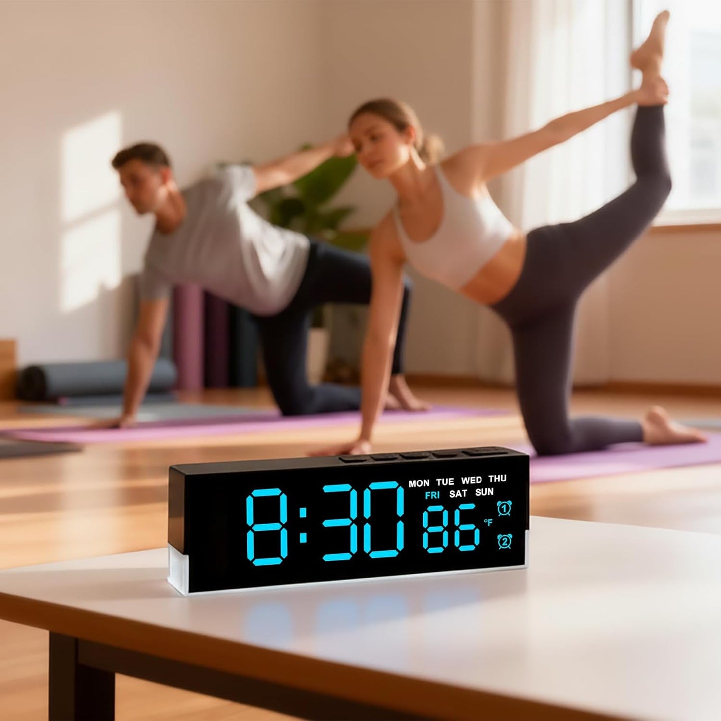 JENLYSTIME 7 Inch LED Digital Alarm Clock with Dual Alarms & Bottom Glow|Displays Time, Date, Day, Temperature|3-Level Auto/Manual Brightness, DST, USB or Battery Powered Modern Desk Clock (Blue)