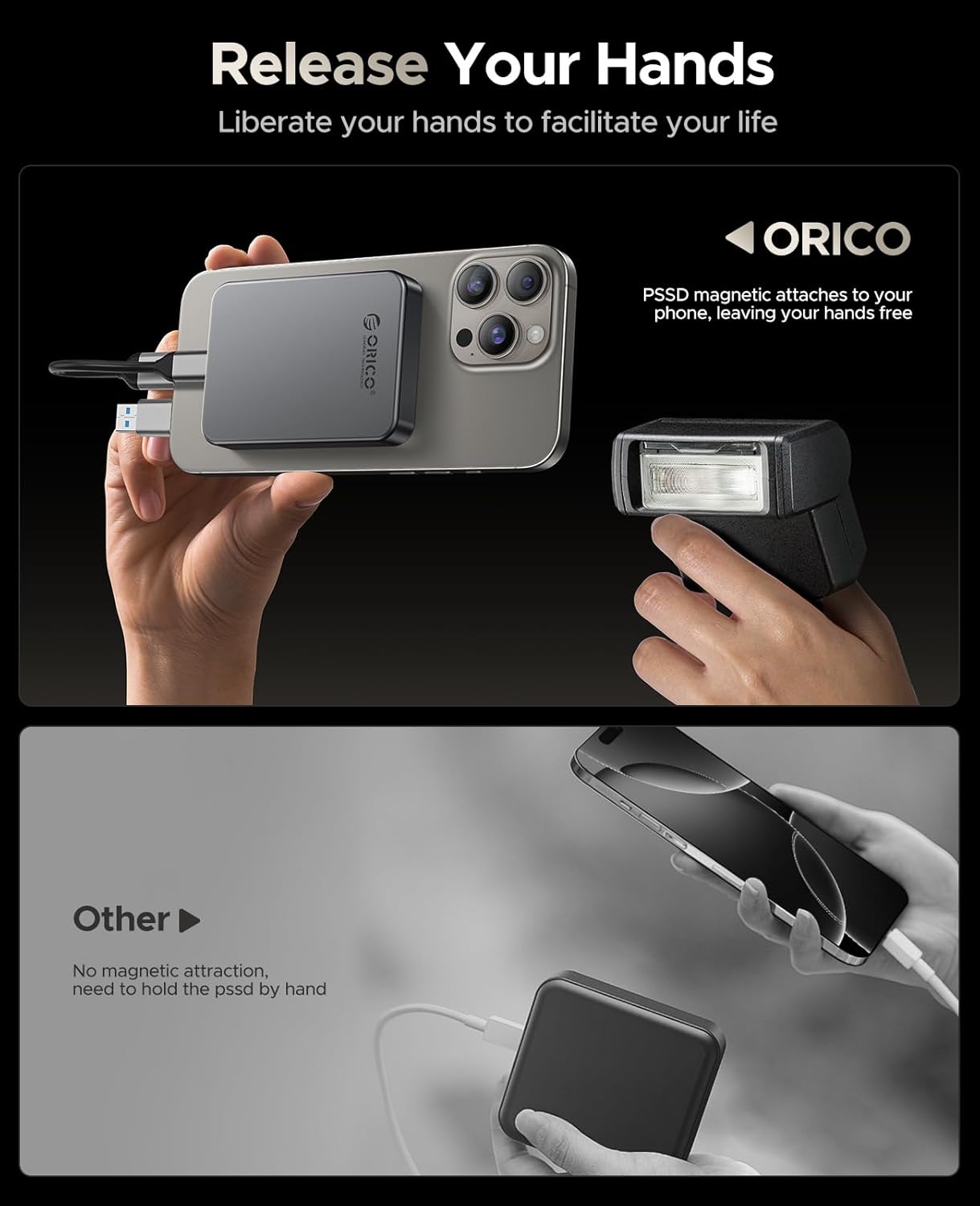 ORICO 1TB Magnetic Portable SSD, Metal Body, 4K 120 fps ProRes HDR Record and Store, Up to 460MB/s, USB C&A 2 in 1 Cable, External SSD Compatible with iPhone 16 Pro Max, Tablet, Computer - K5PLUS