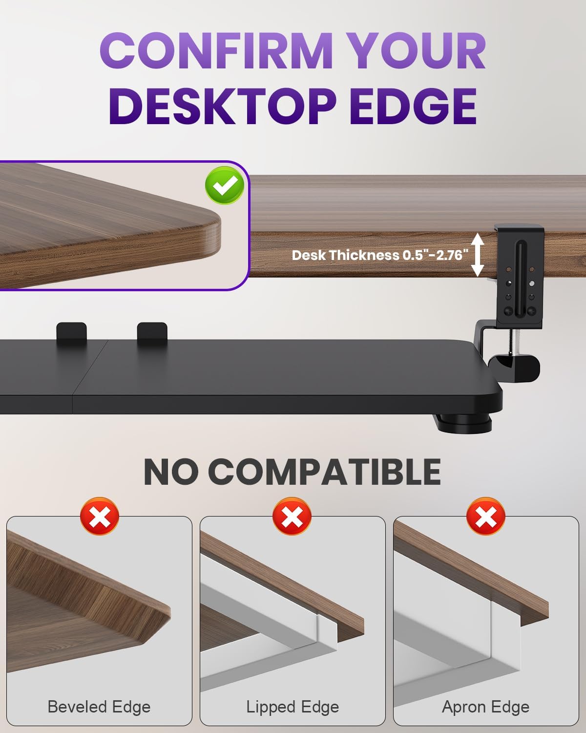 Ergonomic Keyboard Tray Under Desk, Pull Out with Adjustable C-clamp, 25.6 (31.5 Including Clamps) x 11.8 Inch Slide Out Computer Keyboard Drawer Mouse Tray for Typing, Large & Black