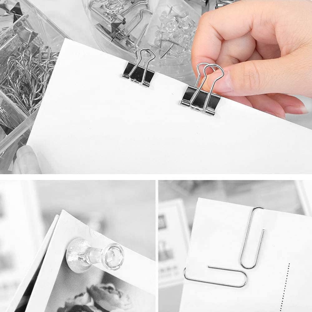 Silver Binder Clips and Paper Clips Push Pins Tacks Sets, Total 72 PCS Assorted Sizes Office Supplies Set for Women, Student, School, Home & Desk Supplies