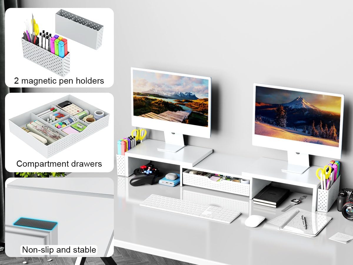 Spacrea Metal Desk Organizers and Accessories, Dual Monitor Stand Riser with Drawer and 2 Pen Holders, Desk Accessories & Workspace Desktop Organizers for Office Supplies (White)