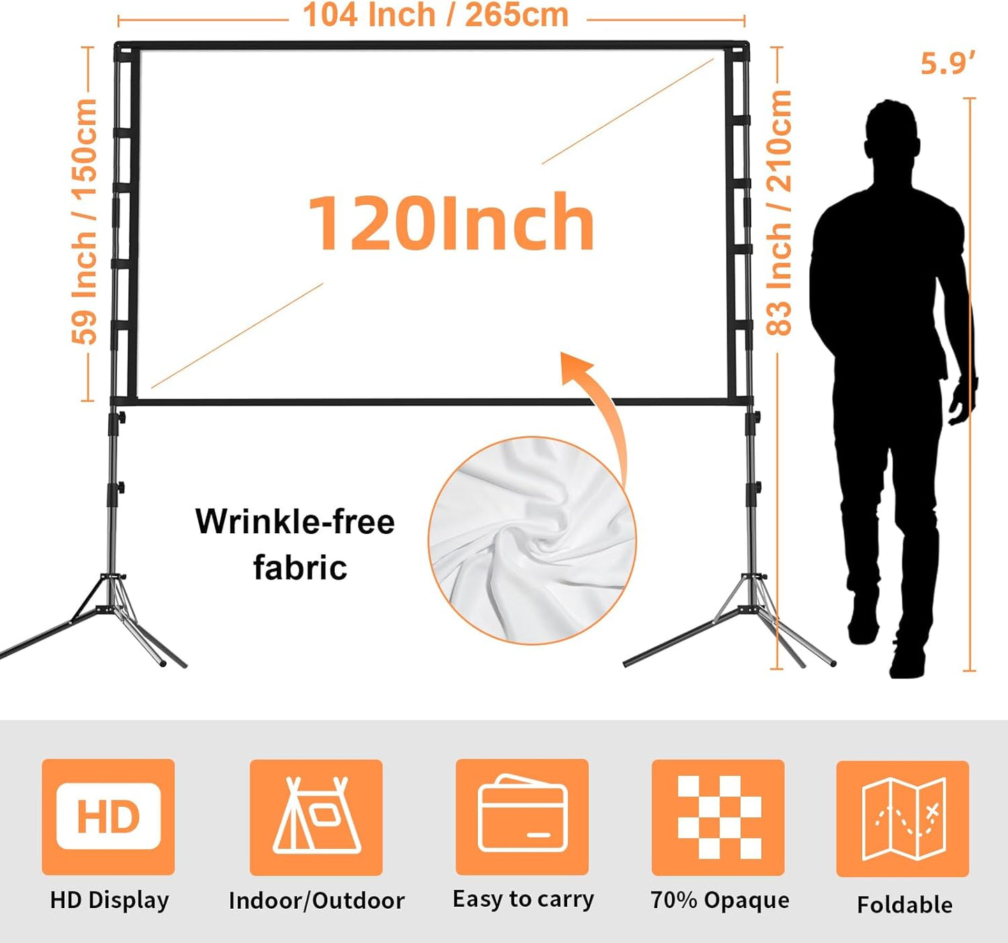 Projector Screen and Stand,GAINVANE 120 inch Portable Projector Screen Indoor Outdoor Projection Screen 16:9 4K HD Wrinkle-Free Light-Weight Movie Screen with Carry Bag for Backyard Movie Night