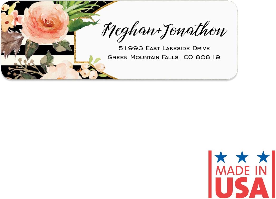 Black and White Stripe Floral Rolled Address Labels/Roll of 250 Personalized Return Address Labels/Designer Return Address Stickers in Elegant Plastic Dispenser - Lumora Desk