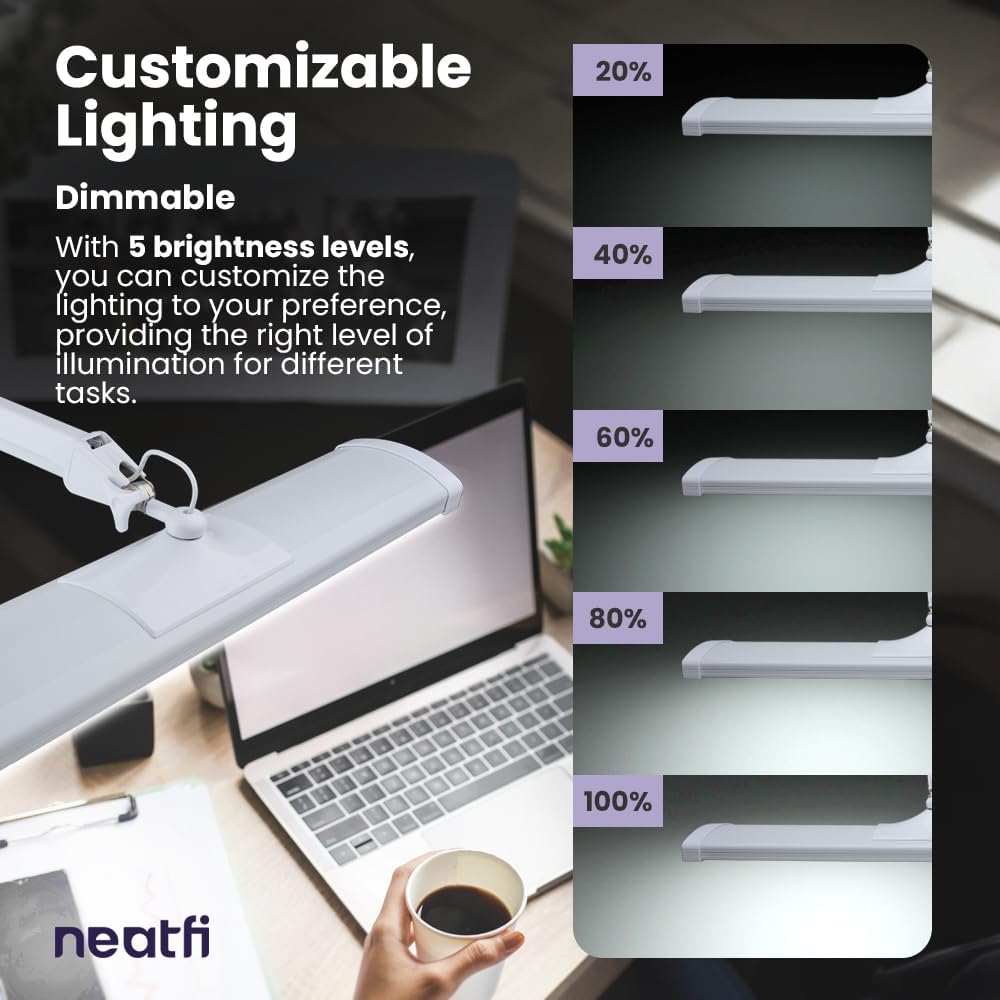 Neatfi Ultra 3,500 Lumen LED Desk Lamp, Color Correlated Temperature, 3 Light Modes, Dimmable, 45W, 26 Inch Wide Metal Shade, 540 SMD LEDs (CCT with Base, White)