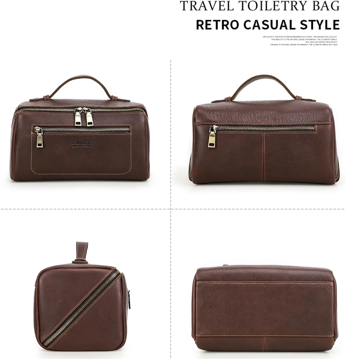 CONTACTS Full Grain Leather Travel Toiletry Bag for Men Large Wash Bag with Handle Bathroom Shaving Dopp Kit Toiletries Organizer Vintage Cosmetic Bag