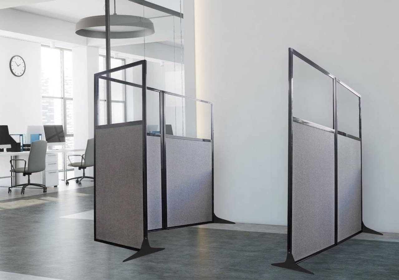 Versare Office Workstation Screen | Portable Wall Divider | Modern Cubicle | Freestanding Privacy Screen | Flexible Work Space | 3 Panels | 99" Wide x 70" Tall Beige SoundSorb Panels with Window - Lumora Desk