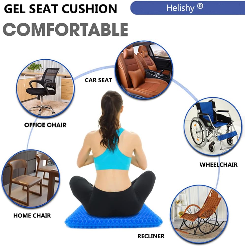 Gel Seat Cushion, Extra Large Breathable Honeycomb Gel Cushion, Absorbs Pressure Points Seat Cushion with Non-Slip Cover for Office Chair Home Cars Wheelchair (Standard, Blue)