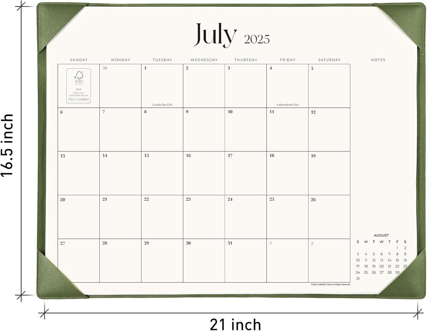 Simplified Desk Calendar 2025-2026 with Desktop Mat, Cabbrix Large Desk Pad Calendar 21" x 16-1/2" Runs From July 2025 to December 2026, Desk Blotter Calendar for Home School and Office (Mint Green)