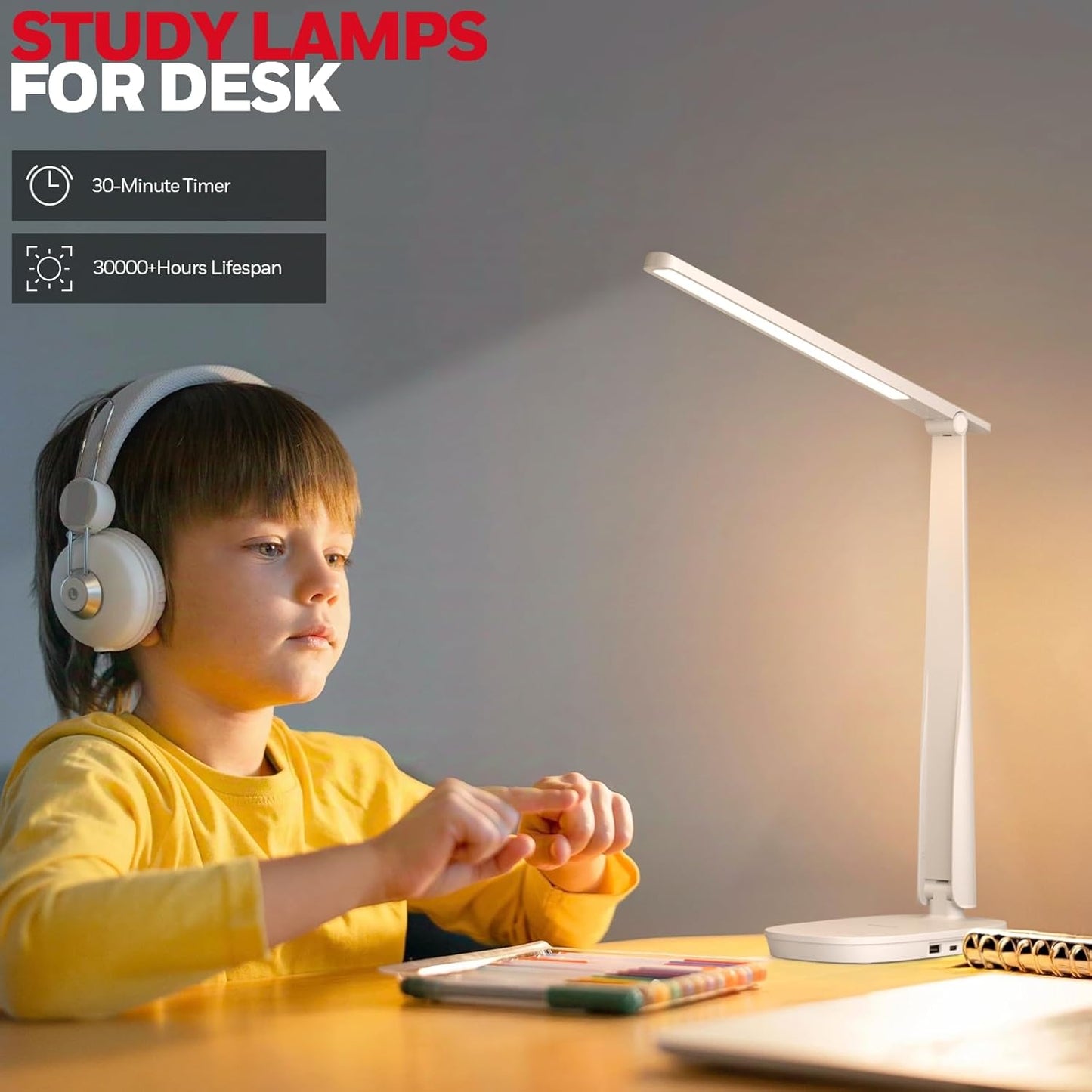 HONEYWELL Desk Lamp for Home Office, Dimmable LED Desk Light with USB A+C Dual Charging, 4 Modes Brightness Touch Lamp with Timer, Eye Caring Foldable Reading Light, Table Lamp for Study Nightstand