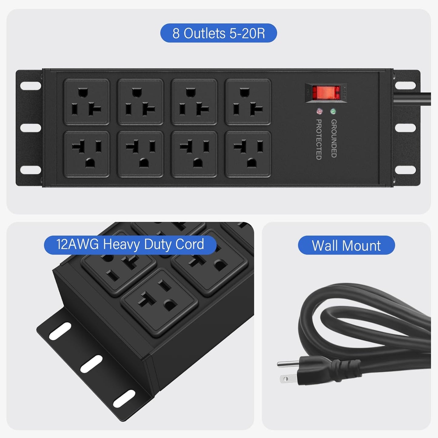 CCCEI Magnetic Heavy Duty Power Strip Surge Protector 20Amp, 12 Gauge High Amp Extension Outlets, Garage Wall Mount 8 Plug Metal Power Strip. 25FT, Black, 5-15P Adapter 6-20R T-Slot 20a for Appliance