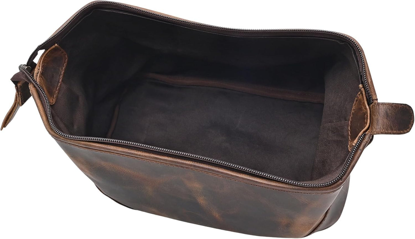Leather Toiletry Bag for Men & Women with water resistant lining, Grooming kit, Travel Pouch, Unisex wash bag for Toiletries, Gifts for Men and Women