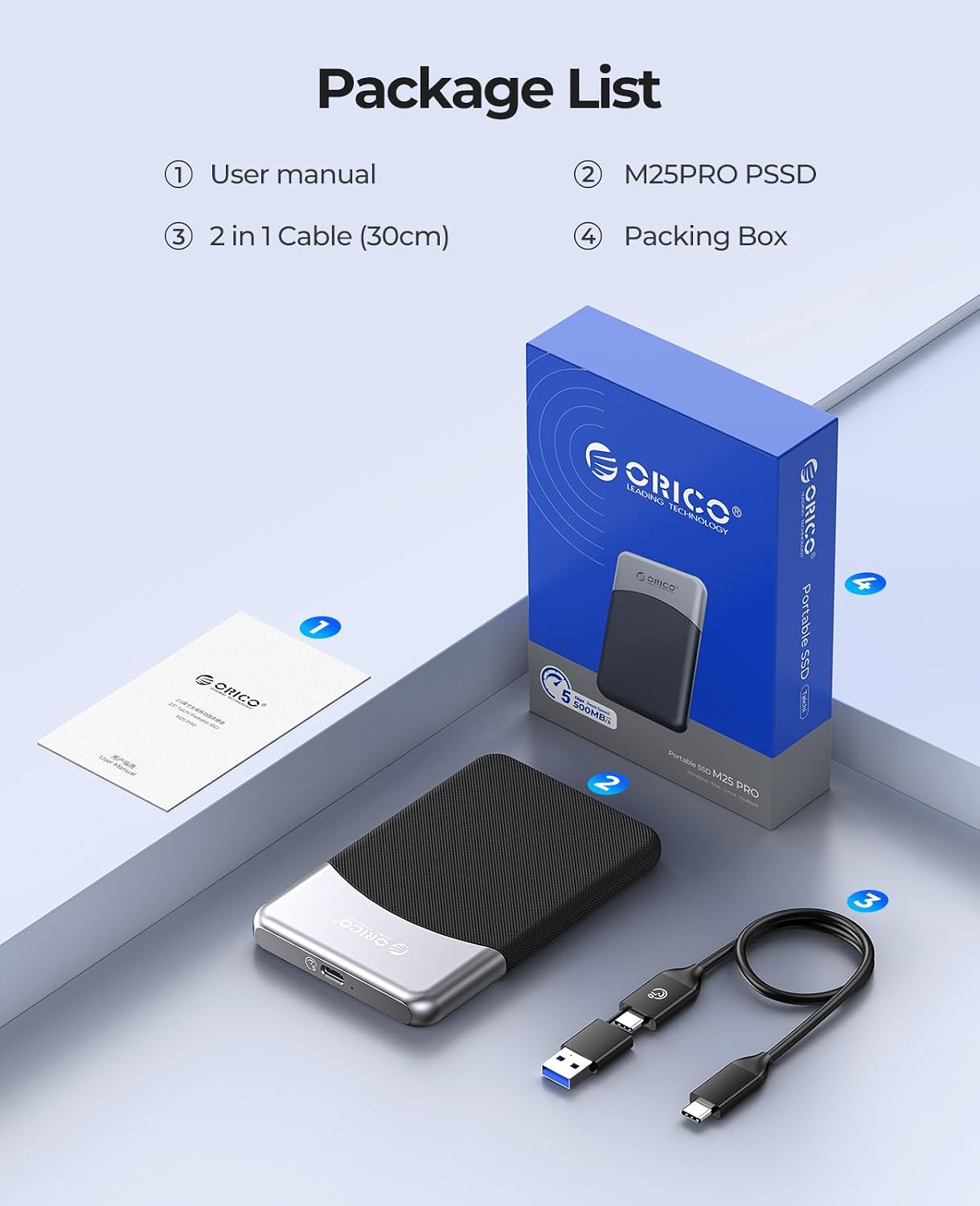 ORICO 256GB External SSD with 2 in 1 USB C Cable, Portable Solid State Drive USB 3.2 Gen 1 Up to 460MB/s, Dust and Drop Resistance, Reliable Storage for USB-C Smartphone, PC, Tablet, Labtop - M25PRO