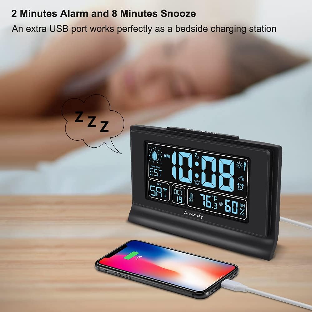 DreamSky Alarm Clocks for Bedrooms with Battery Backup, Auto Set Digital Clock with Date and Day of Week, Indoor Temperature Humidity, Moon Phase, Dimmer, Auto DST, USB Port