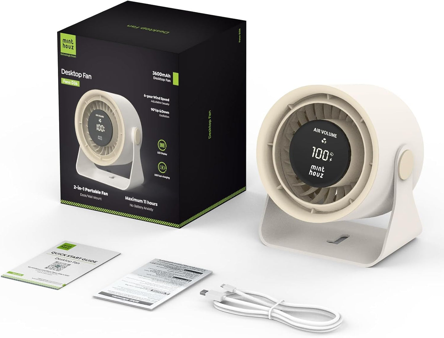 Minthouz Desk Fan - Touch Control LED Display, Premium USB Fans 3600mAh Rechargeable Battery, 6 Speeds, 90° Tilting - Portable for Home, Office, Travel, Camping, Kitchen (Beige)