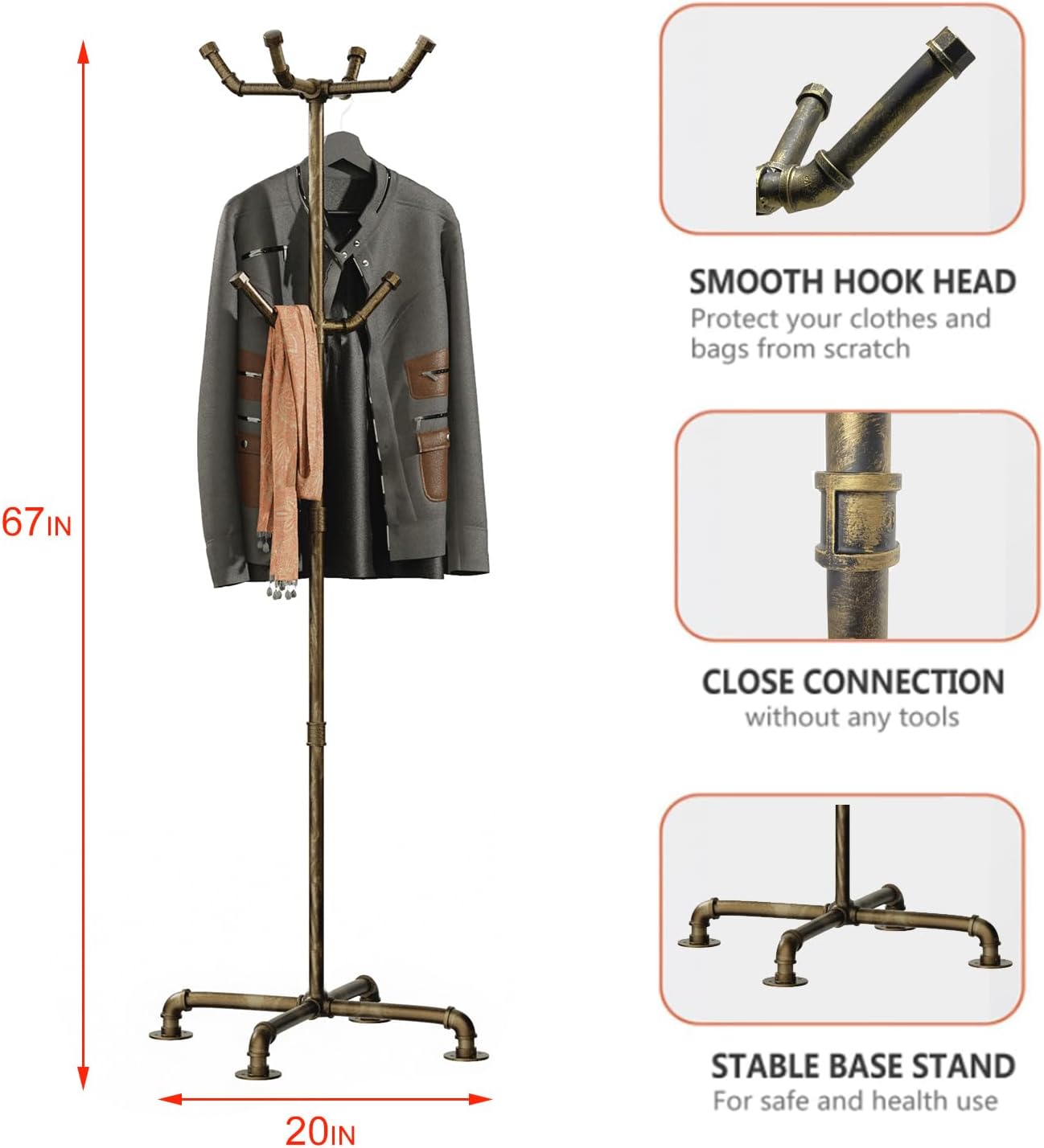 Industrial Coat Rack, Metal Pipe Coat Rack Stand Freestanding with 6 Hooks, Heavy Duty Coat Tree Sturdy Coat Racks for Entryway, Hallway, Bedroom (Vintage gold) - Lumora Desk