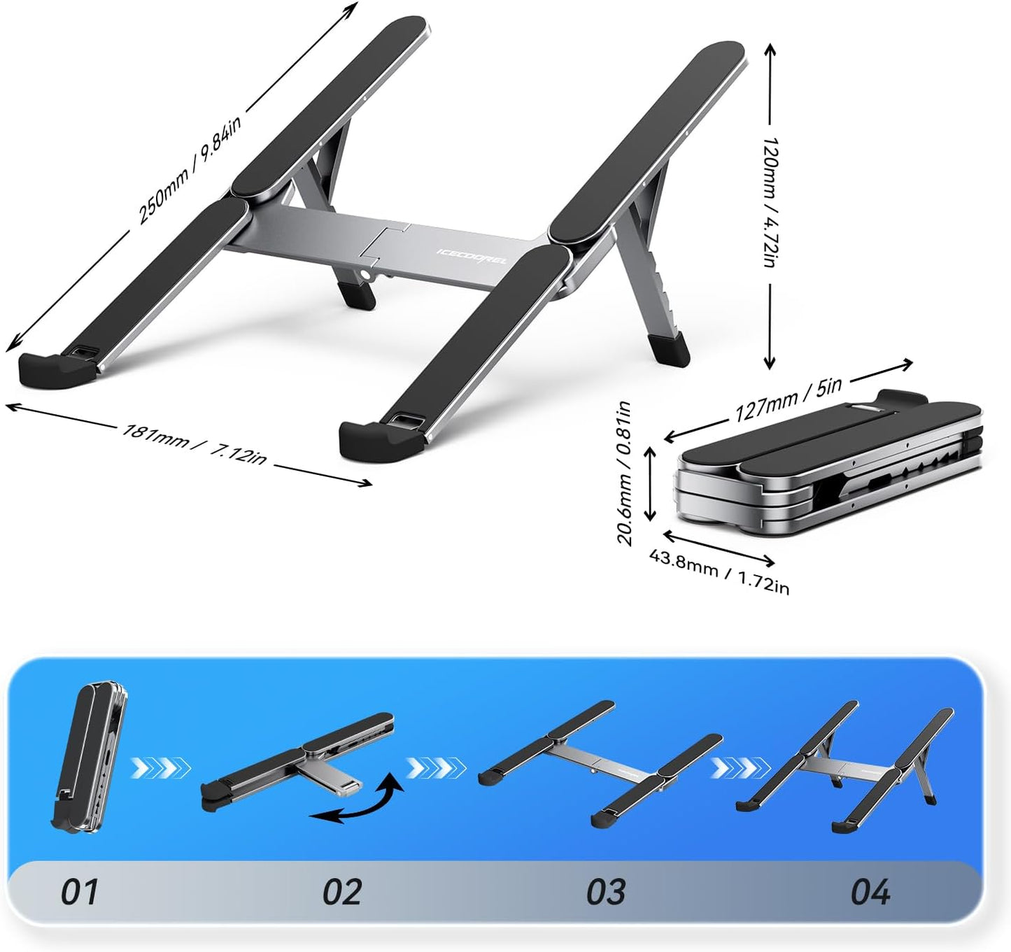 ICE COOREL Portable Laptop Stand, Foldable Laptop Riser for Desk, 6-Level Adjustable Ergonomic Computer Stand, Premium Aluminum Alloy Notebook Holder Compatible with 10-17 Inch Laptops & Tablets