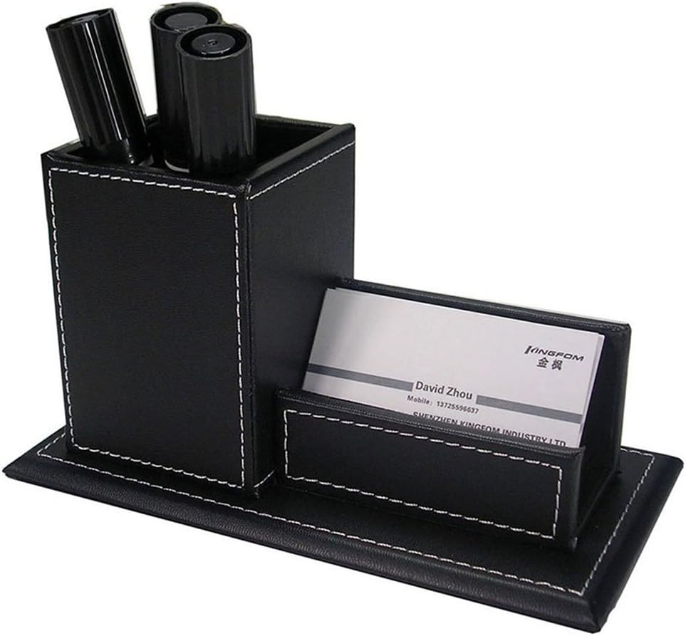 KINGFOM Desk Organizer Set 5PCS Office Supplies Synthetic Leather Files Holder Cabinet Desk Organizer Drawer, Multifunction Organizer Box, Tissue Box Holder and Sticky Notes Dispenser Case (T08-Black)