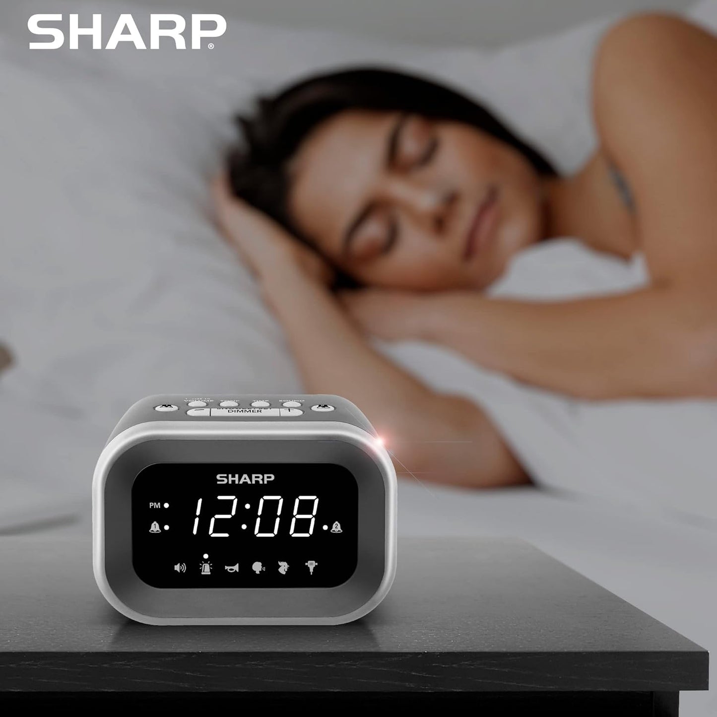 Sharp Big Bang Super Loud Alarm Clock for Heavy Sleepers, 6 Extremely Loud Wake Up Sounds: Rooster, Bugle, Nagging Mom, Jackhammer, Siren, Beep– Up to 115db Volume, Silver/Black with White LED Display