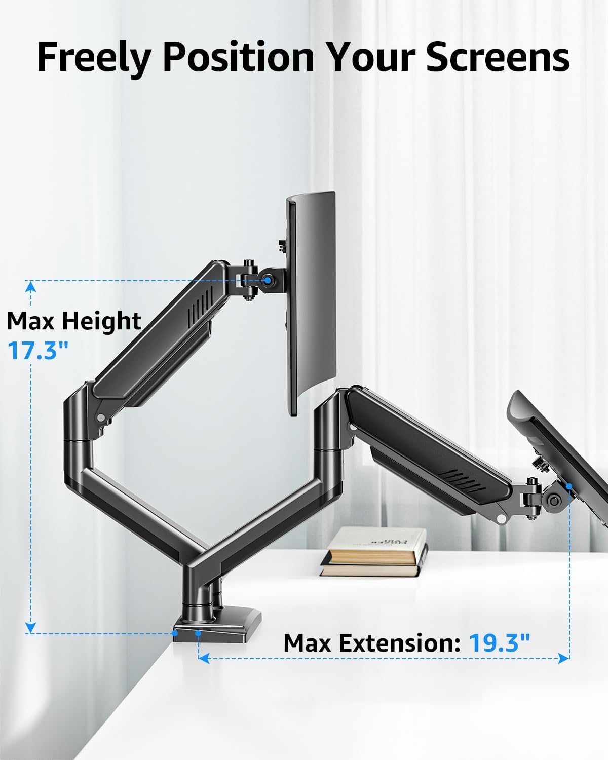 Dual Monitor Stand fits up to 32 inch, 4.4-22 lbs Computer Screens, Dual Monitor Desk Mount Height Adjustable, Monitor Arms for 2 Monitors, Home Office VESA Mounts with Gas Spring, Freelift Black
