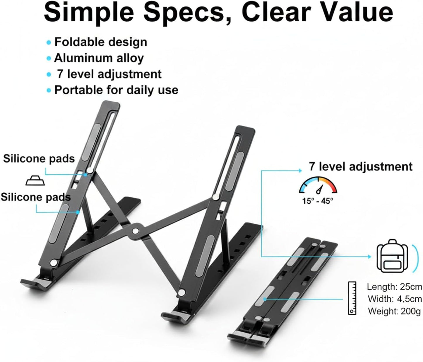 Foldable Laptop Stand, 7-Level Adjustable Aluminum Alloy Tablet Holder, Ultra-Thin Portable Notebook Riser for Desk, Office, Home, Travel (Black,Aluminum Alloy)
