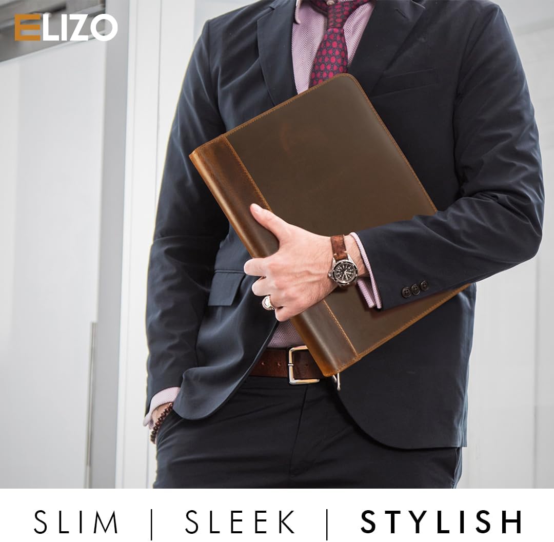 Leather Portfolio Organizer Folio Padfolio Binder Folder for Men Women Business Notebook Cover Resume Legal Pad Holder - ELIZO, 10 x 13
