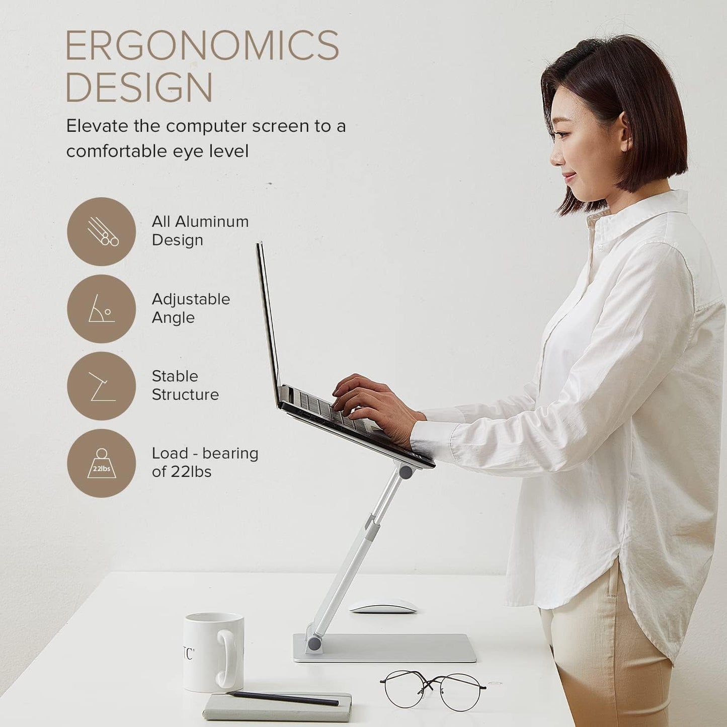 POUT E3 Lift — Ergonomic Laptop Stand for Desk, Adjustable Height 2" to 20" — Laptop Riser Portable Laptop Stand for Laptop — Standing Desk Converter for MacBook 10"-17" Laptops (Blue)