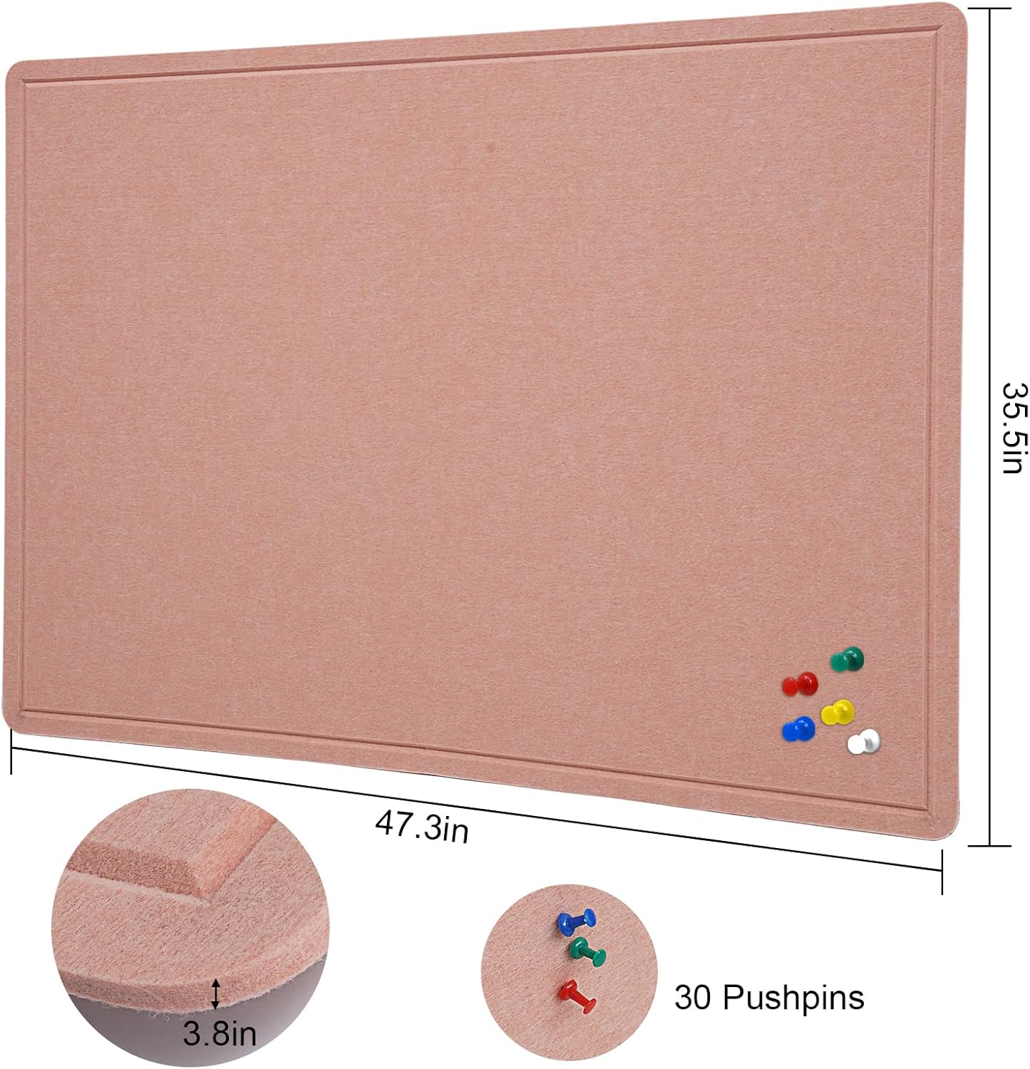 Large Bulletin Board - 48 X 36 inches Decorative Felt Pin Board - 4' x 3' Cork Board Alternative for Wall - Foldable Photo Board Self-Adhesive Vision Board Prayer Board with 30 Pushpins - Pink