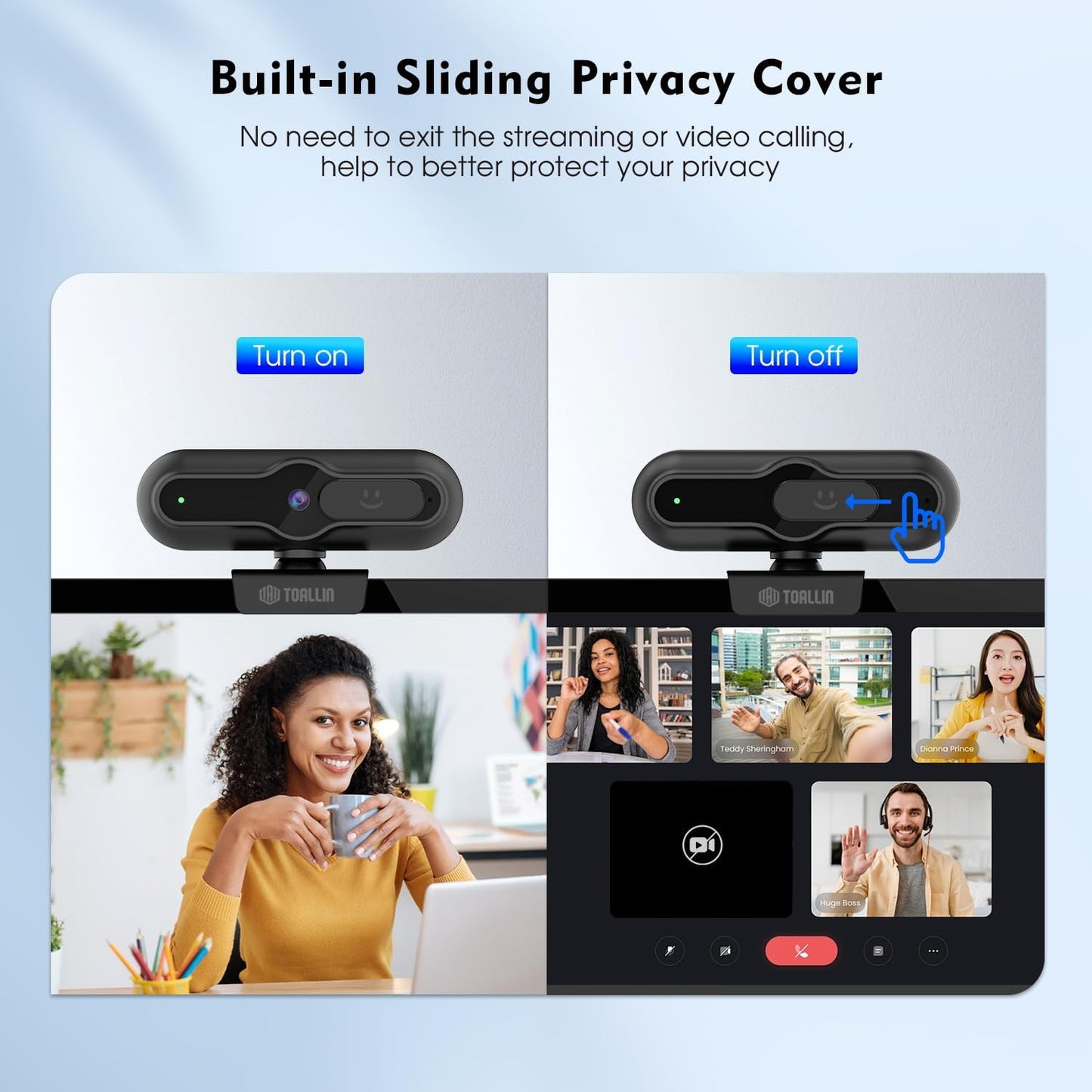 TOALLIN 4K Webcam for PC, 1/2.5" Sensor & 12MP, 1080P & 60FPS, PDAF Auto-Focus, Built-in Microphone and Sliding Privacy Cover, USB Web Camera for Gaming, Conferencing, Streaming and Video Calls