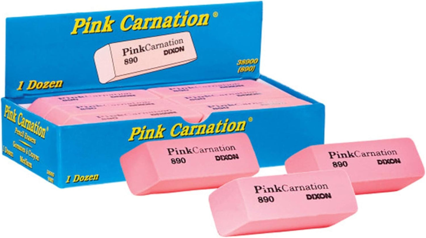 Dixon Pink Carnation Wedge Erasers, Medium, Pink, 12-Pack (38900)
