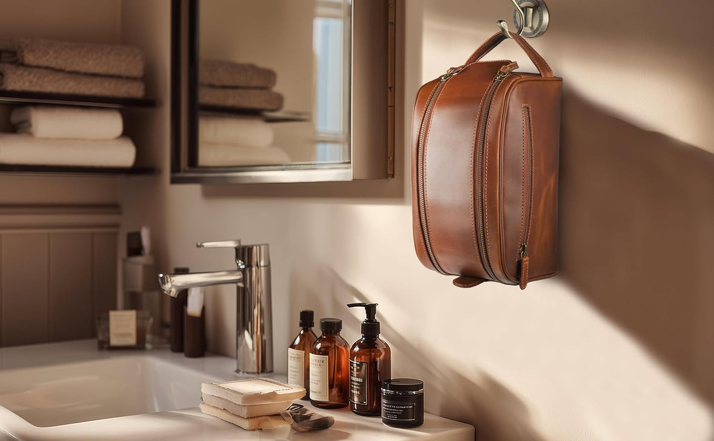 MDS® Genuine Leather Toiletry Bag for Men - Unisex Rustic Classic Vintage Handcrafted Full-Grain Leather Travel Dopp Kit with Waterproof Lining & Handle, Shaving & Grooming Kit Organizer Pouch, Tan