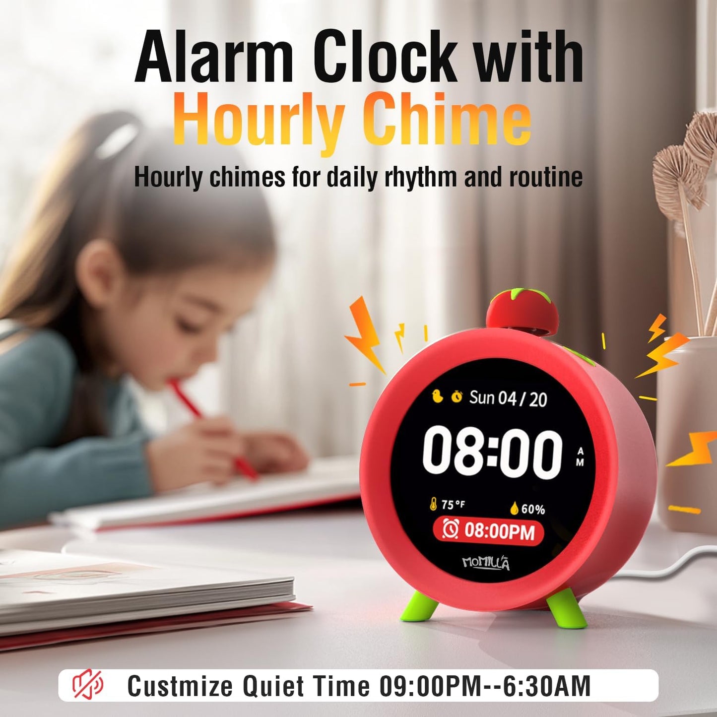 MOMILLA Kids Alarm Clock for Bedrooms, Colorful Display 7-Day Programmable 4 Alarms, Visual Timer with White Noise, Digital Clock Loud for Heavy Sleepers, Christmas Birthday Gifts for Girls Boys