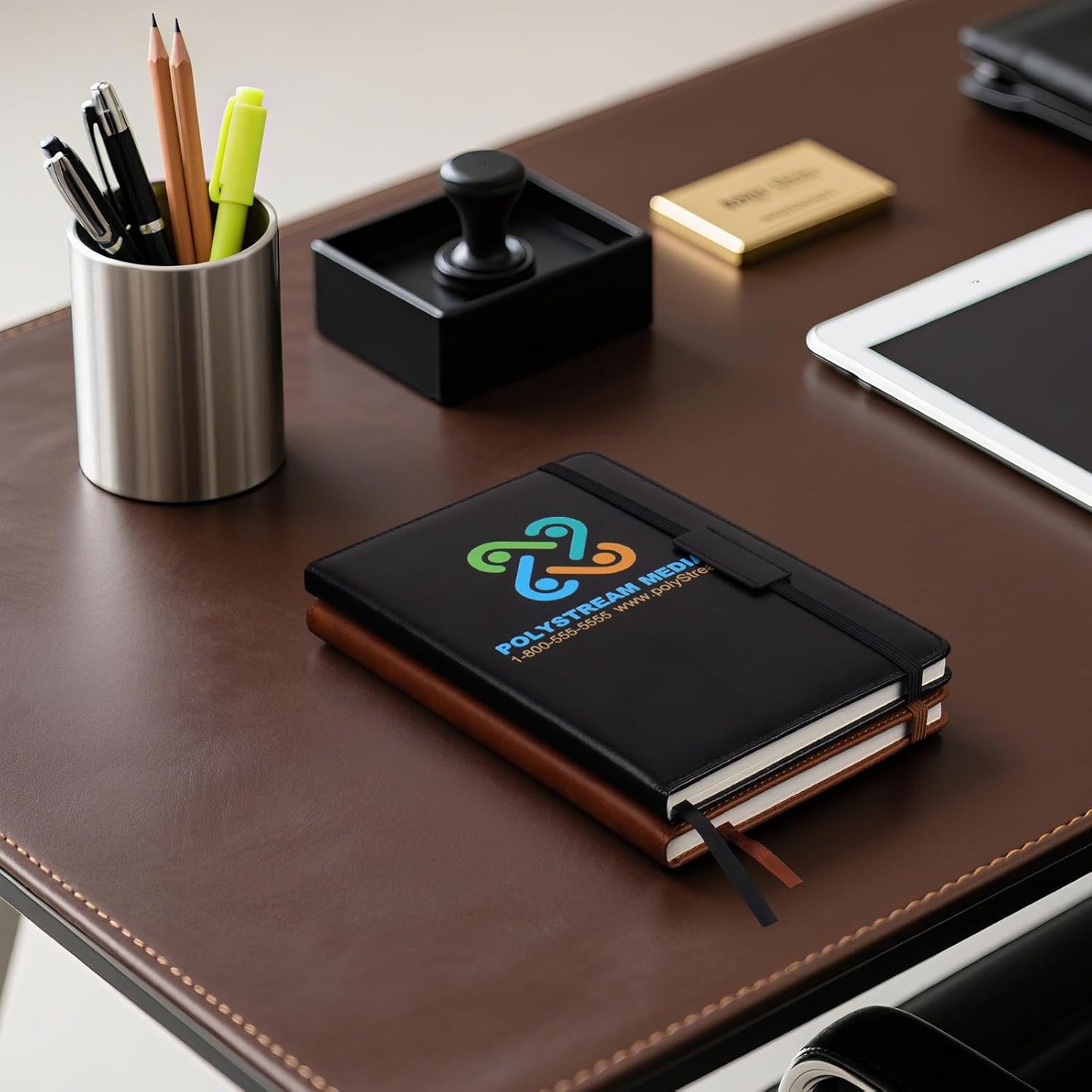 Personalized Journal Notebook With Your Text, Design, Company Logo, Tagline- A5 Lined Leather Hardcover Executive Notebook For Men Women Custom Daily Journal, For Business Office School Lawyers Brown