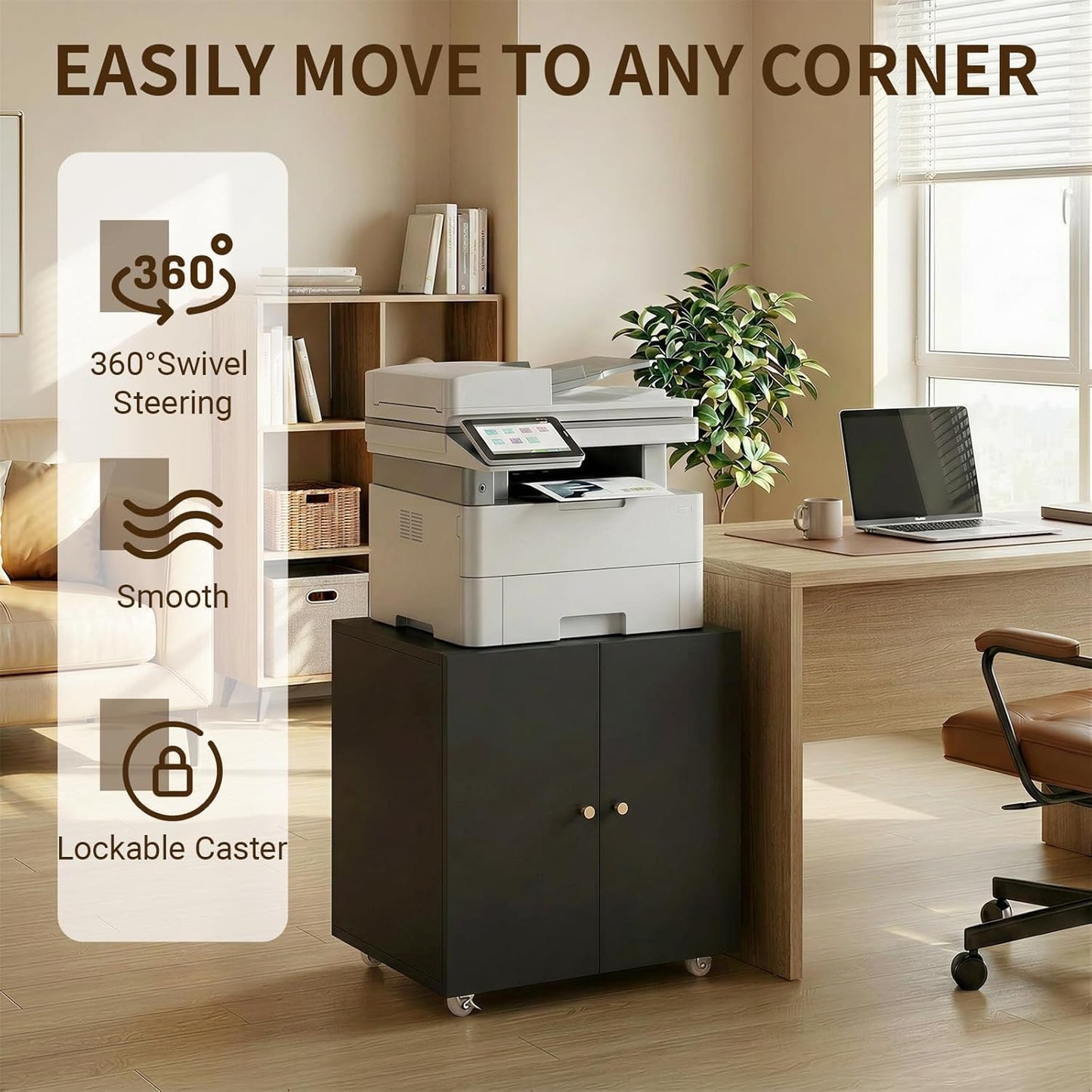 Metal Printer Stand with Storage Cabinet & Wheels, Heavy Duty Rolling Printer Cart with Adjustable Shelf, Large Printer Table for Home Office, Under Desk Printer Cabinet, Black 23.6” H