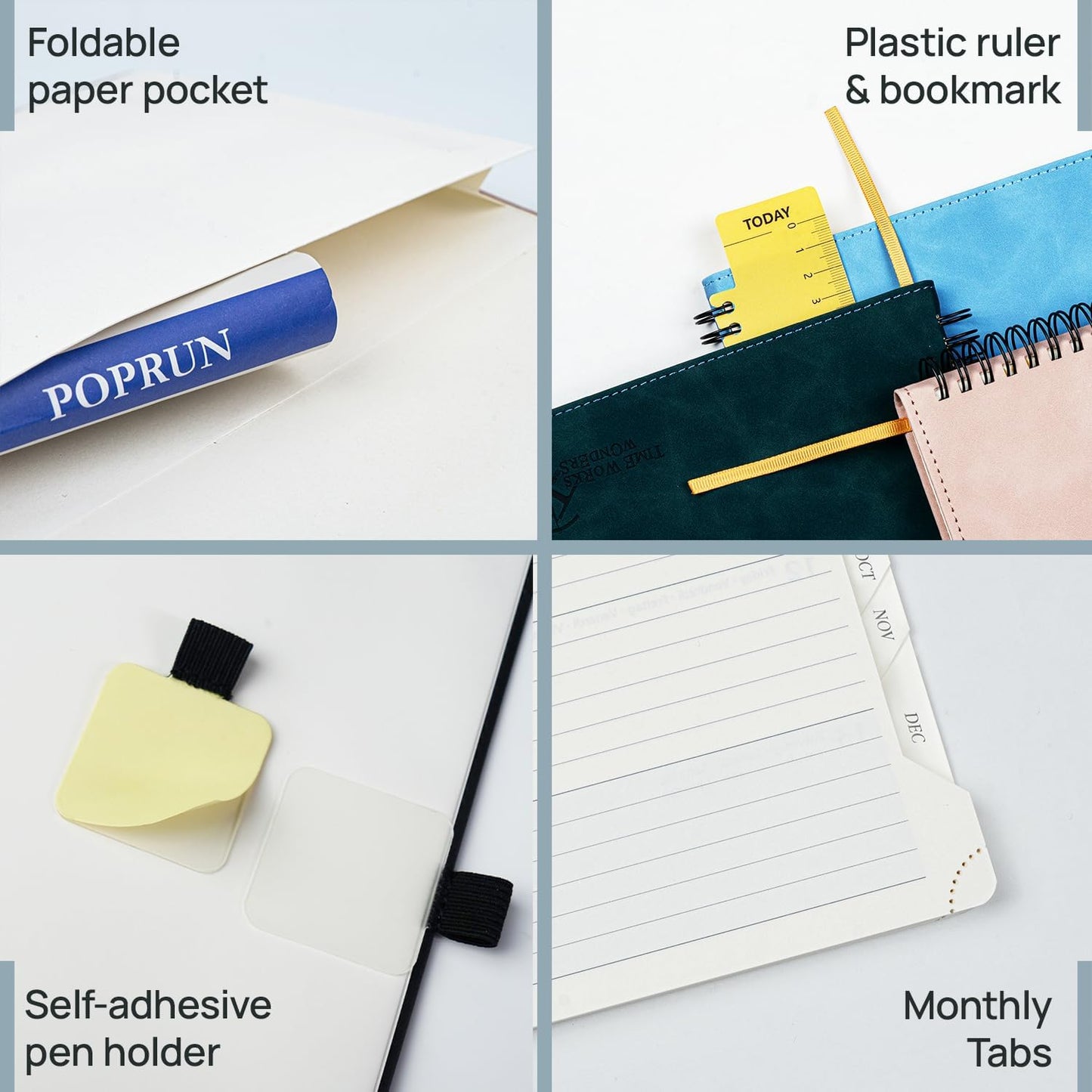 POPRUN 2026 Planner Weekly Notebook Calendar (Jan-Dec), Large Size 8.5'' x 10.5'' - Agenda 2026 Appointment Book with Monthly Tabs, Inner Pocket, Spiral Soft Cover, 100 GSM - Black