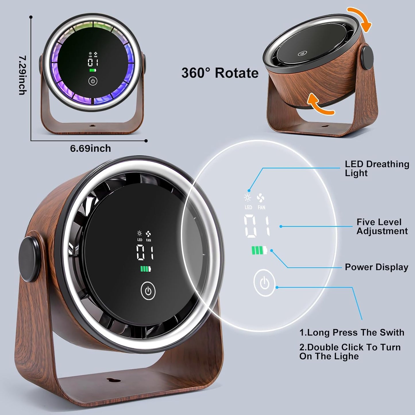 Small Desk Fan 5000mAh Rechargeable Battery Powered- Retro Low Noise Quiet Portable Gentle Blowing with LED Night Light Office Bedroom Table Top Wall Hanging Kitchen Camping Dorm 5-Speed 360° Rotation
