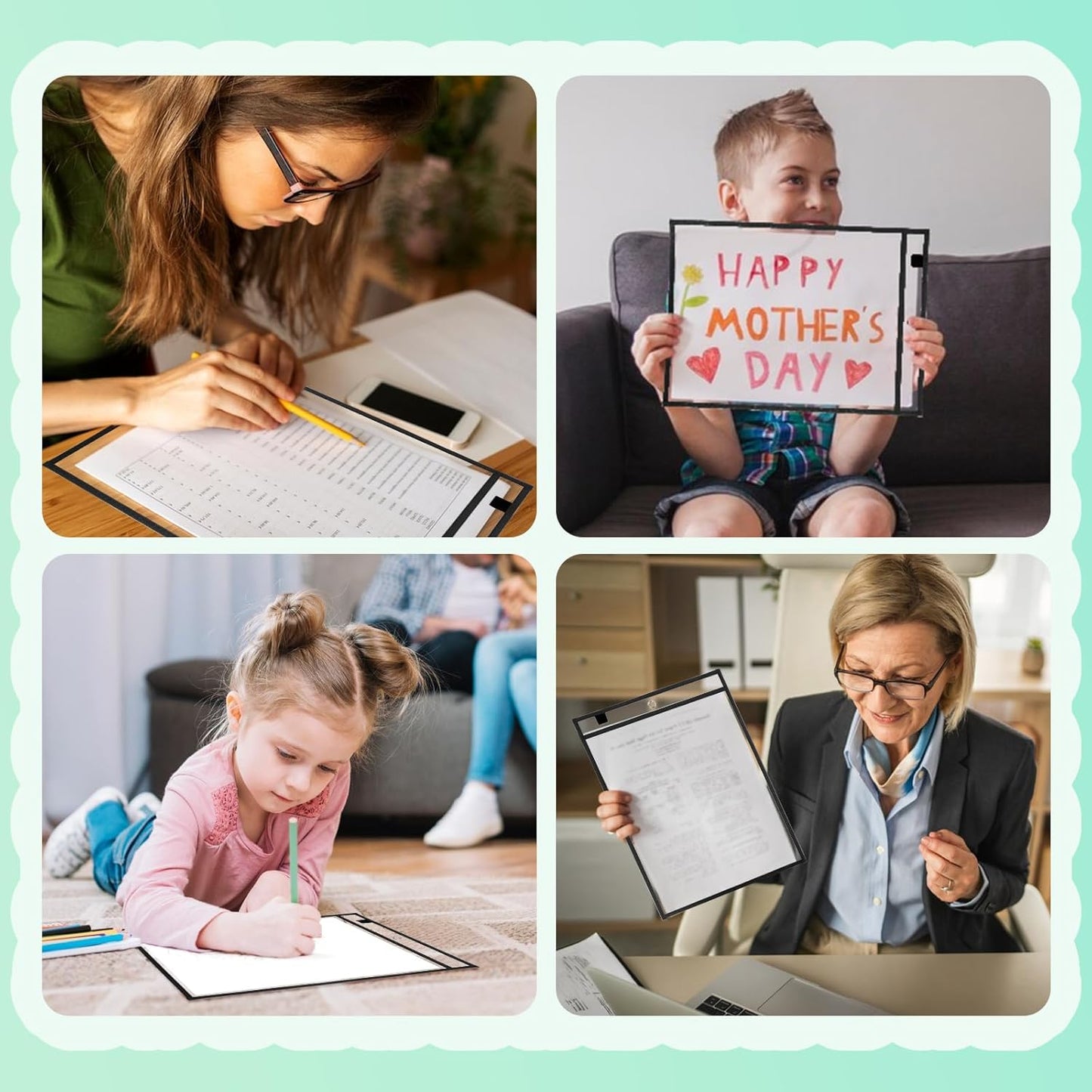 50 Packs Dry Erase Pocket Sleeves, Reusable Clear Plastic Classroom Sleeves, 10x14 Inch Ticket Holders, Plastic Sleeves for School/Office Organization Black