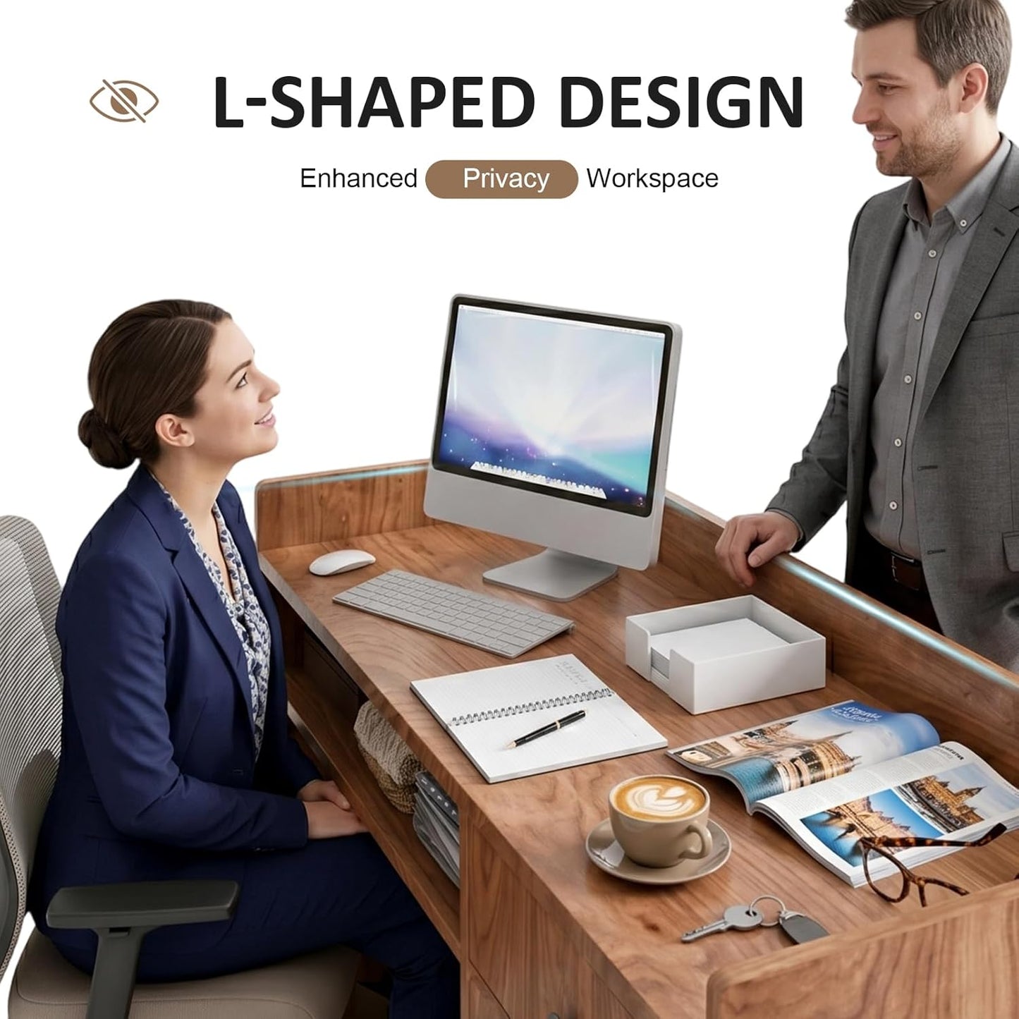 Modern Reception Desk with Drawer and File Cabinet - Front Counter Table for Office, Salon, Spa, Retail - Small Reception Desk for Small Spaces - European Oak - 47.24in