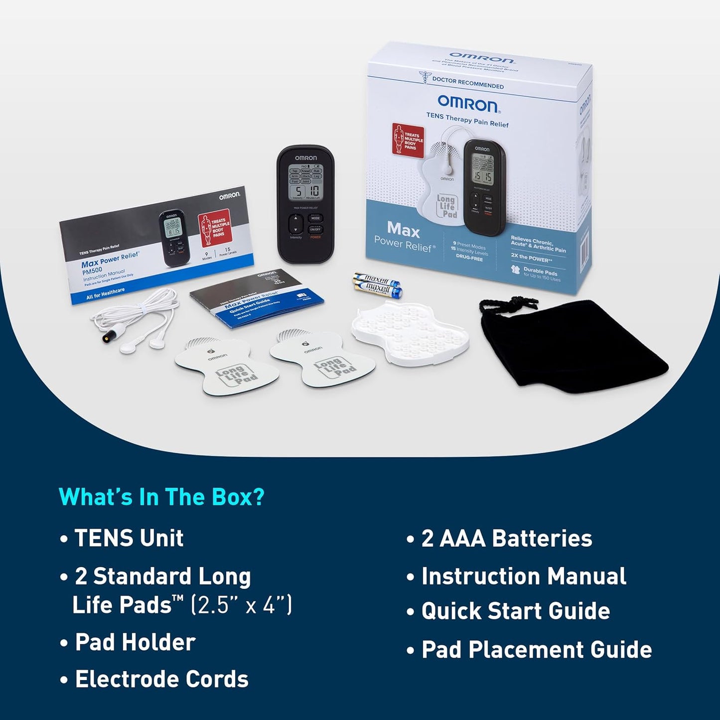 OMRON Max Power Relief TENS Unit Muscle Stimulator for Drug-Free Pain Relief - Portable Electric Massager for Muscles and Joints - Includes 2 Reusable TENS Unit Pads