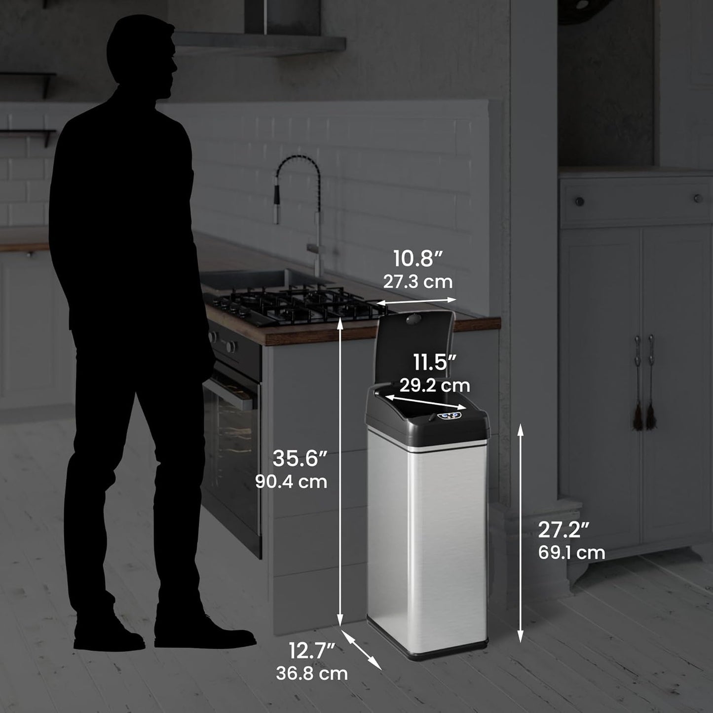 iTouchless 13 Gallon Sensor Trash Can 2.0 – Touchless Lid, Dog-Proof Lock, Odor Filter, Stainless Steel, Battery or Plug-in, for Kitchen, Home, or Office