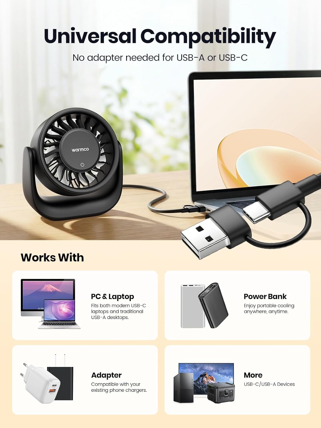 Warmco USB Desk Fan with Touch Control, (USB Powered Only, No Battery) Small Personal Desktop Fan, USB-A & USB-C Plug, 3 Speeds Strong Airflow, Quiet Table Fans for Home Office Dorm