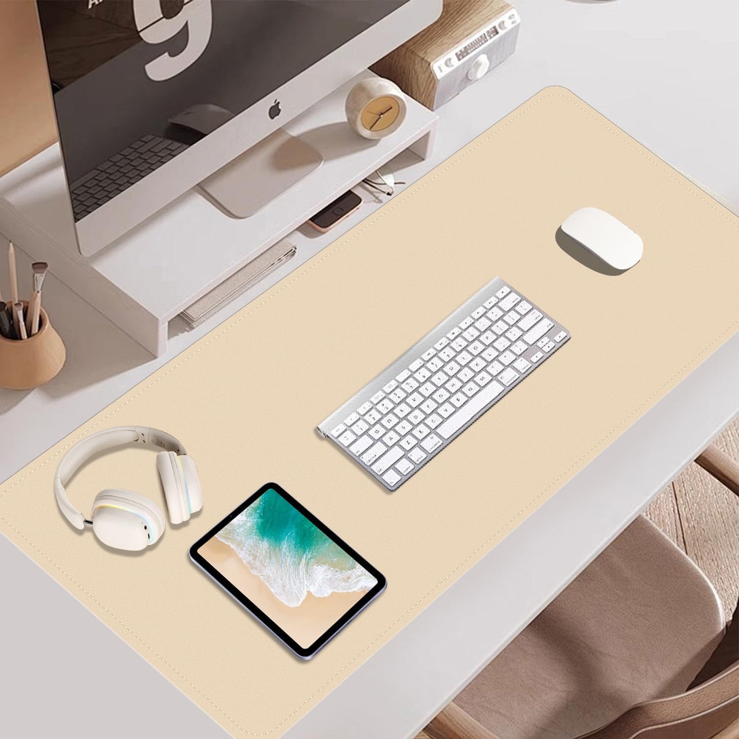 BLESWIN Large Desk Pad 35.4"" x 17"", Non-Slip Desk Mat with PU Leather & Natural Cork, Waterproof Writing Desk Natural Cork, Computer Mat Desk Protector for Office Home, Apricot