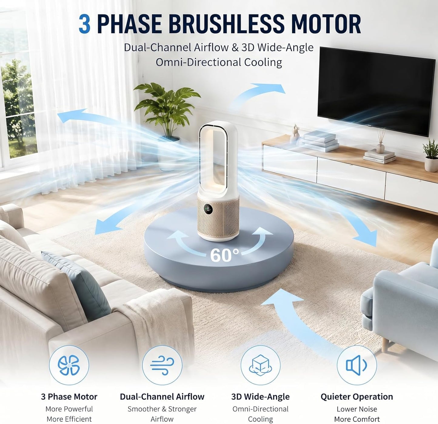 14 Inch Bladeless Desk Fan, USB Rechargeable Personal Cooling_Fan. Small Ultra Quiet, 9 Wind Speeds. 3 LED Night Light. 60°Oscillation. 1-9H Timer Child & Pet Safe for Home Office BedroomDesktop