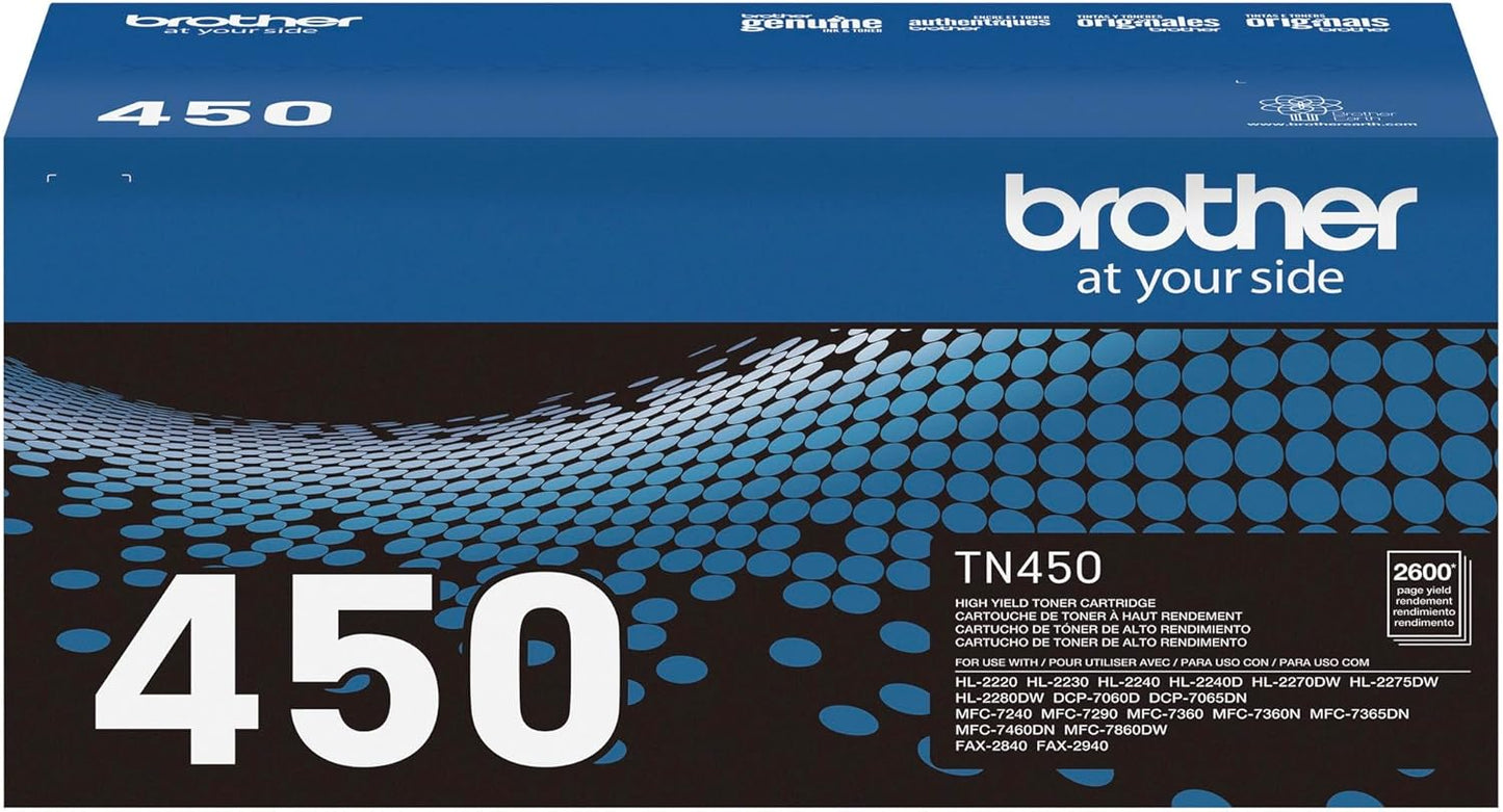 Brother Genuine High Yield Toner Cartridge, TN450, Replacement Black Toner, Page Yield Up To 2,600 Pages