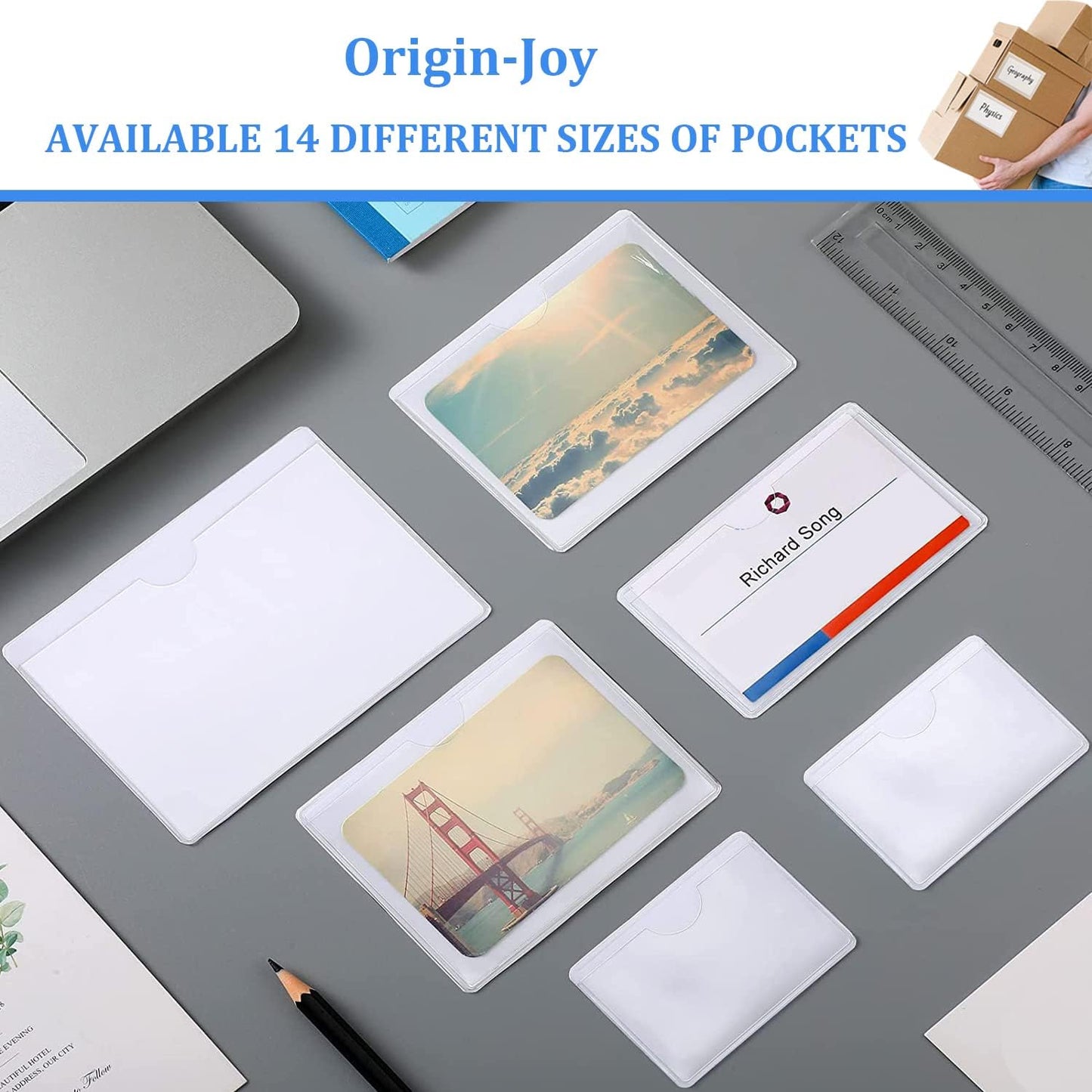 Origin-Joy 25 PCS Self-Adhesive Index Label Pockets, Clear Plastic Peel & Stick Card Holders with Top Open for Loading (2.25 x 0.75 inch)