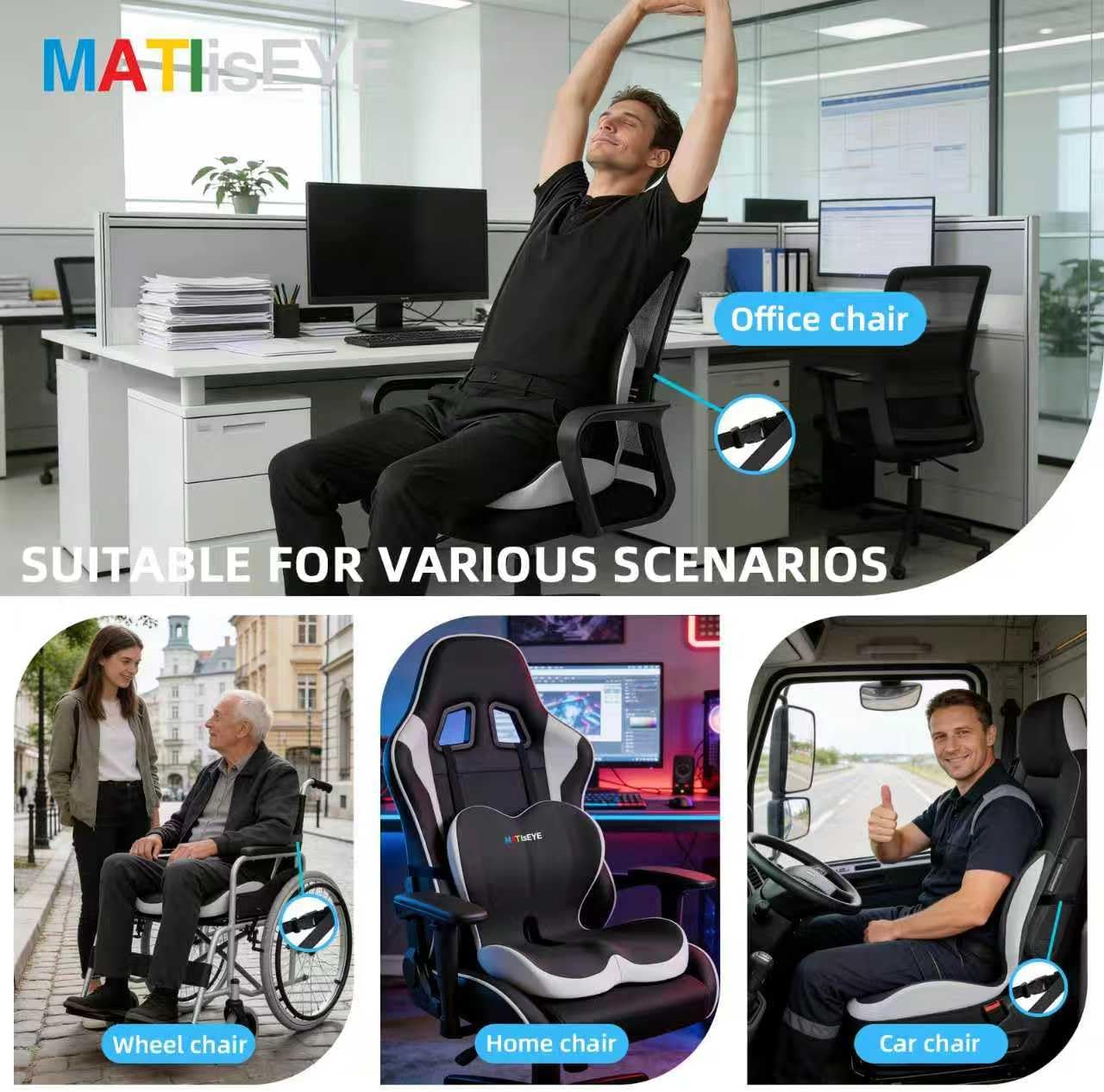 Truck Seat Cushion and Headrest 2 in 1 Set for Truck Drivers Coccyx Sciatica Pain Relief with Adjustable Strap Washable Non Slip Memory Foam Ergonomic Cushion for Back Support Long Driving Semi Truck